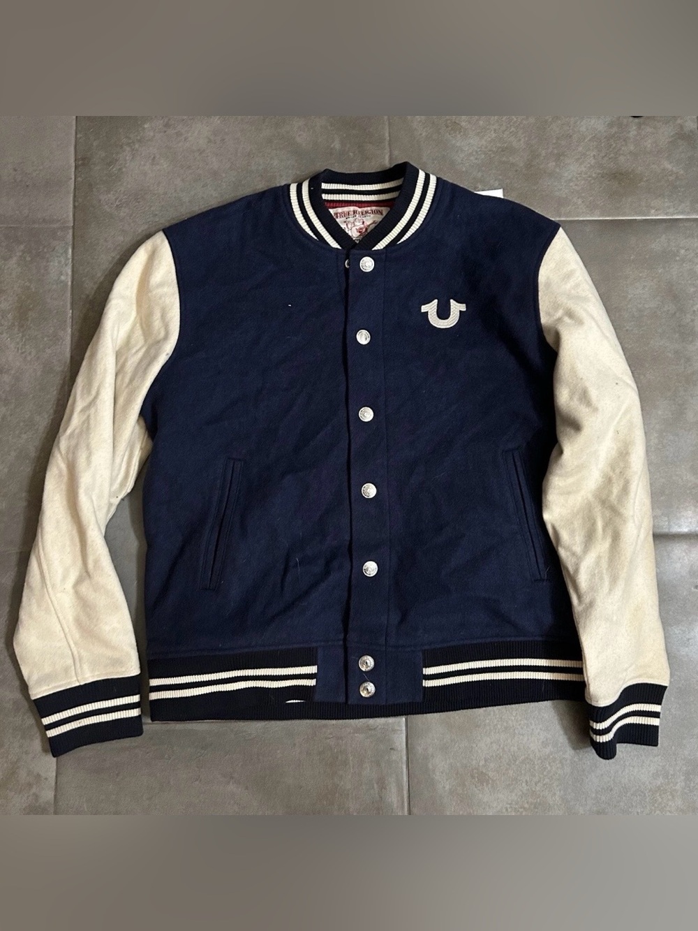 True Religion Navy & Cream Bomber Varsity Jacket